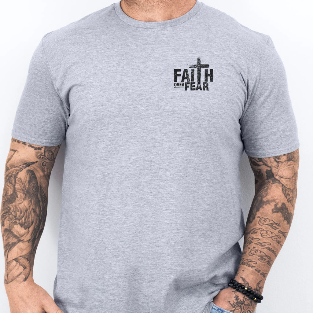 Sport Grey Oakley June t shirt, mens fit, left chest badge reads Faith Over Fear with cross, studio front view