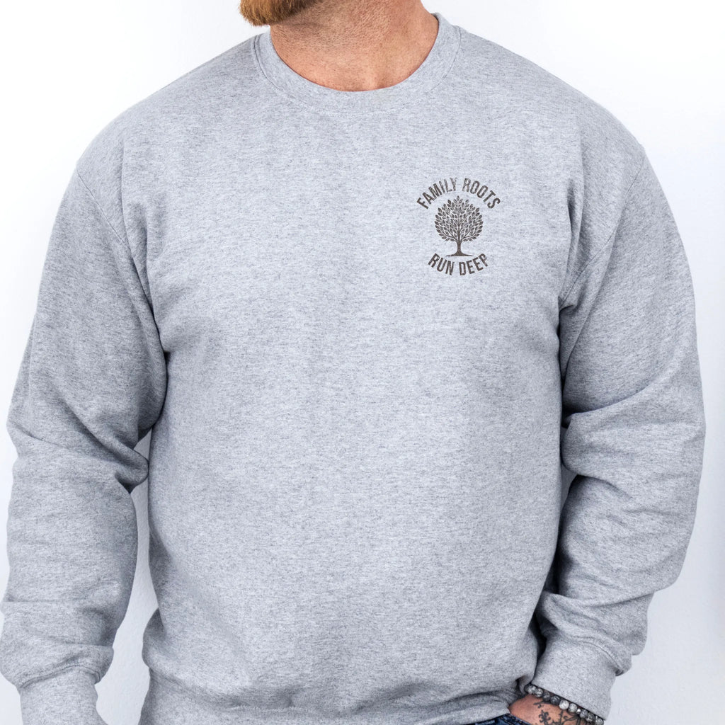 Sport Grey Oakley June Sweatshirt – left chest tree badge with text Family Roots Run Deep, cozy unisex crewneck