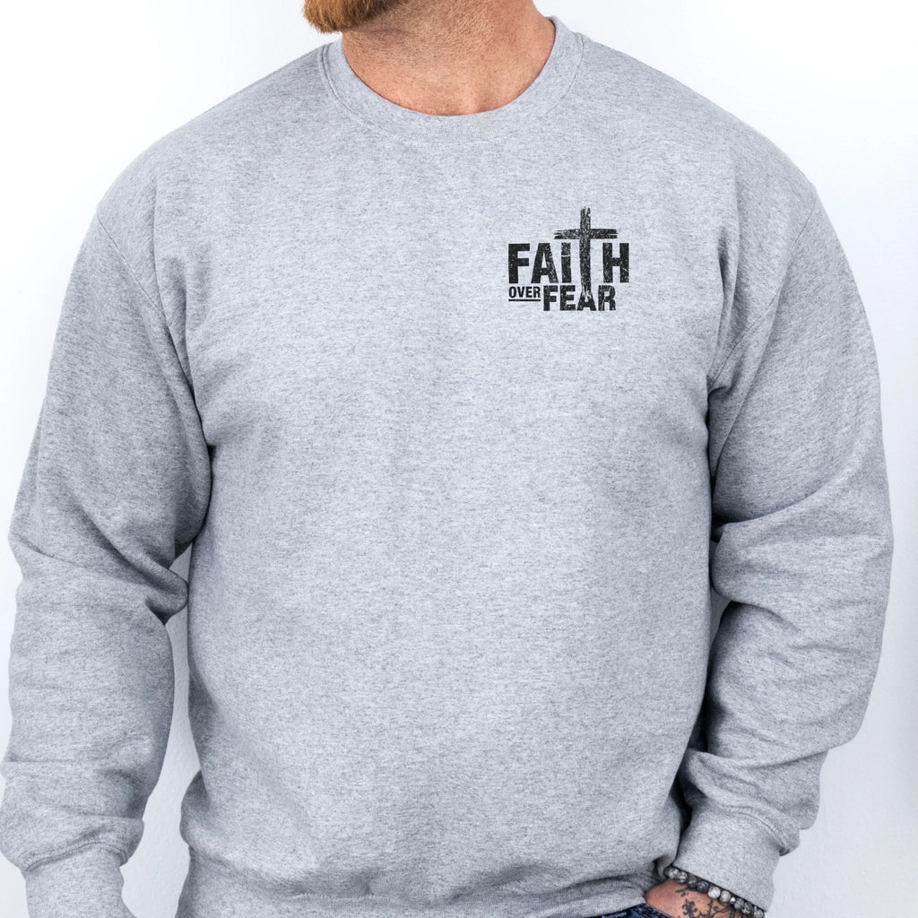 Sport Grey Oakley June sweatshirt, mens fit, left chest badge reads Faith Over Fear with cross, studio front view